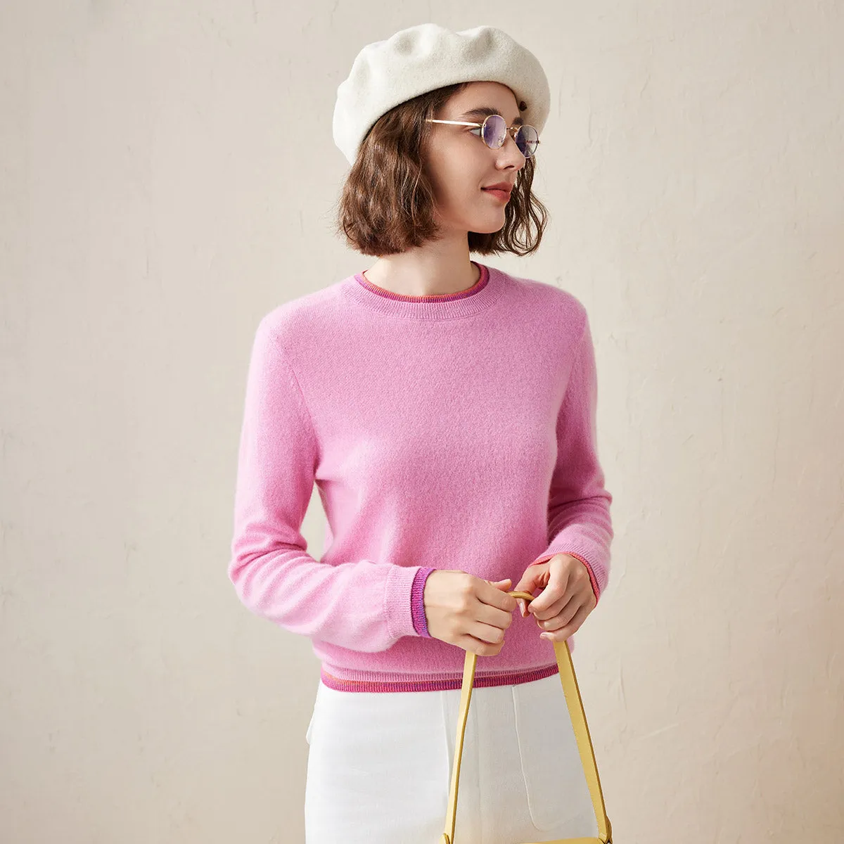 100% Cashmere Color-Accented Soft Knit Pullover Sweater