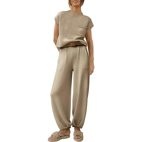 2-Piece Set: Women's Knit Pullover Tops and High Waisted Pants Tracksuit Lounge Sets