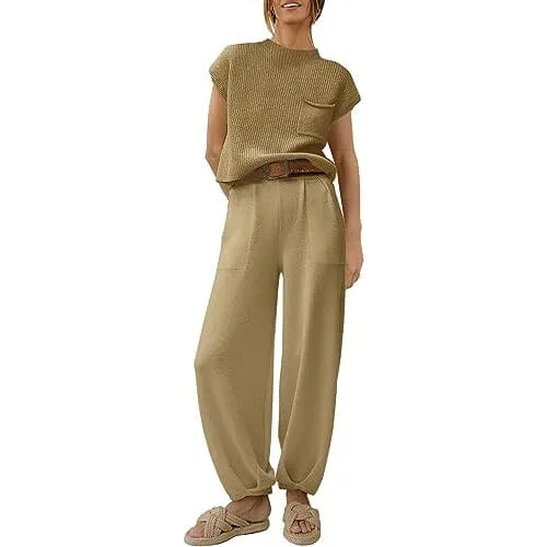 2-Piece Set: Women's Knit Pullover Tops and High Waisted Pants Tracksuit Lounge Sets