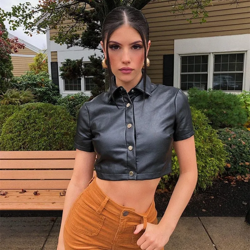 Black Faux Leather Crop Blouses Shirt Women Streetwear Short Sleeve Turn Down Collar Ladies Blouses Manches Bouffantes