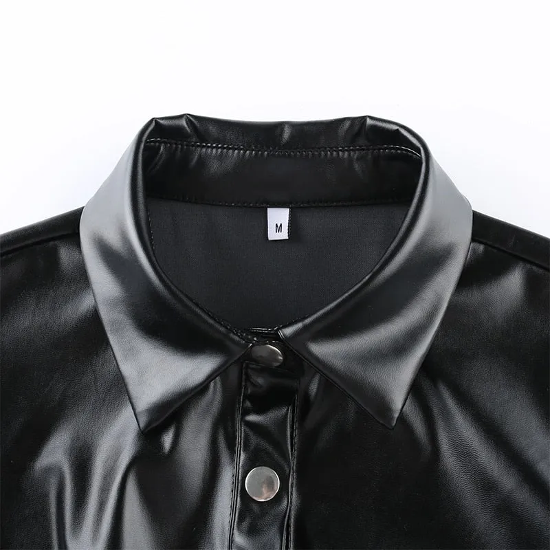 Black Faux Leather Crop Blouses Shirt Women Streetwear Short Sleeve Turn Down Collar Ladies Blouses Manches Bouffantes