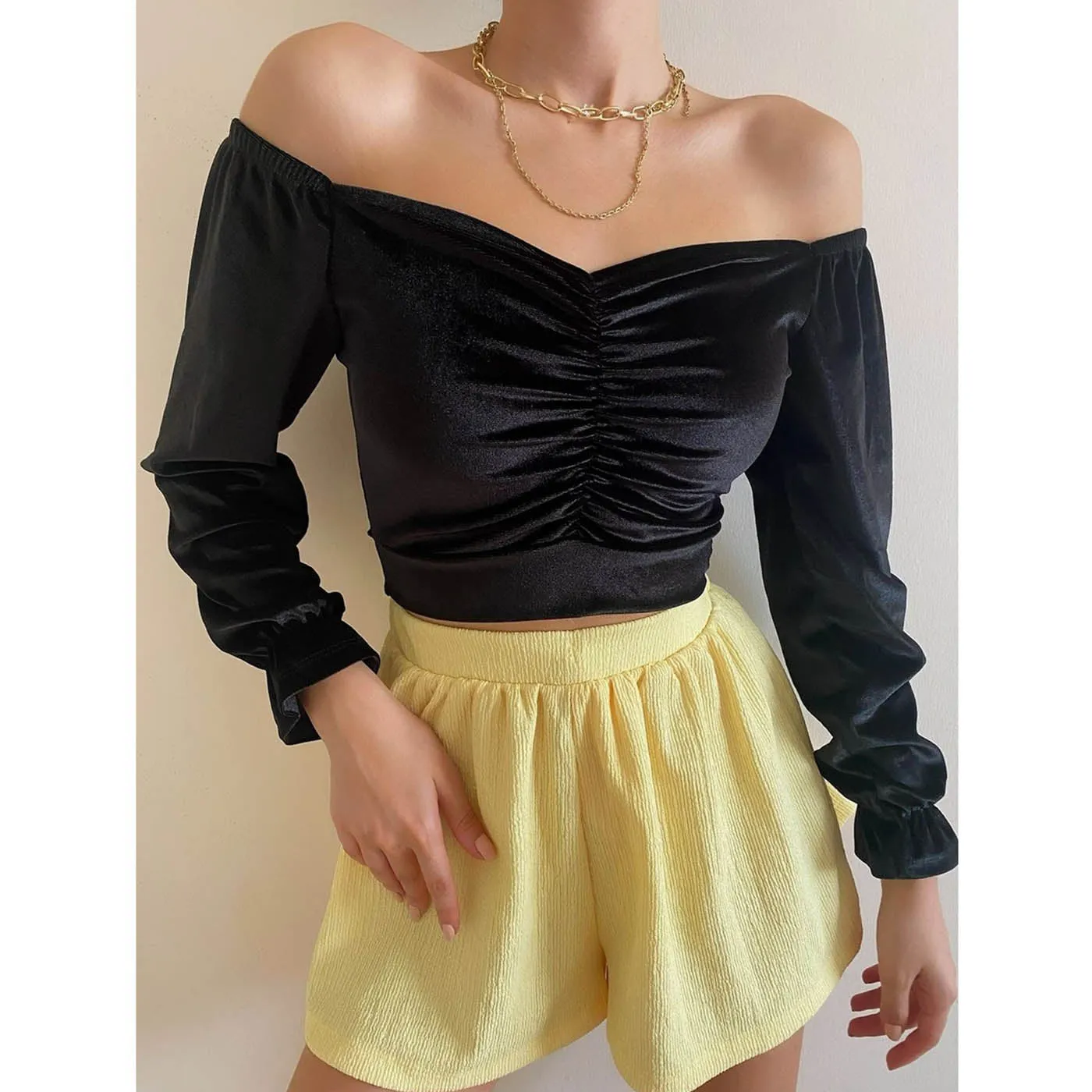 Black Pleated Velvet Blouse