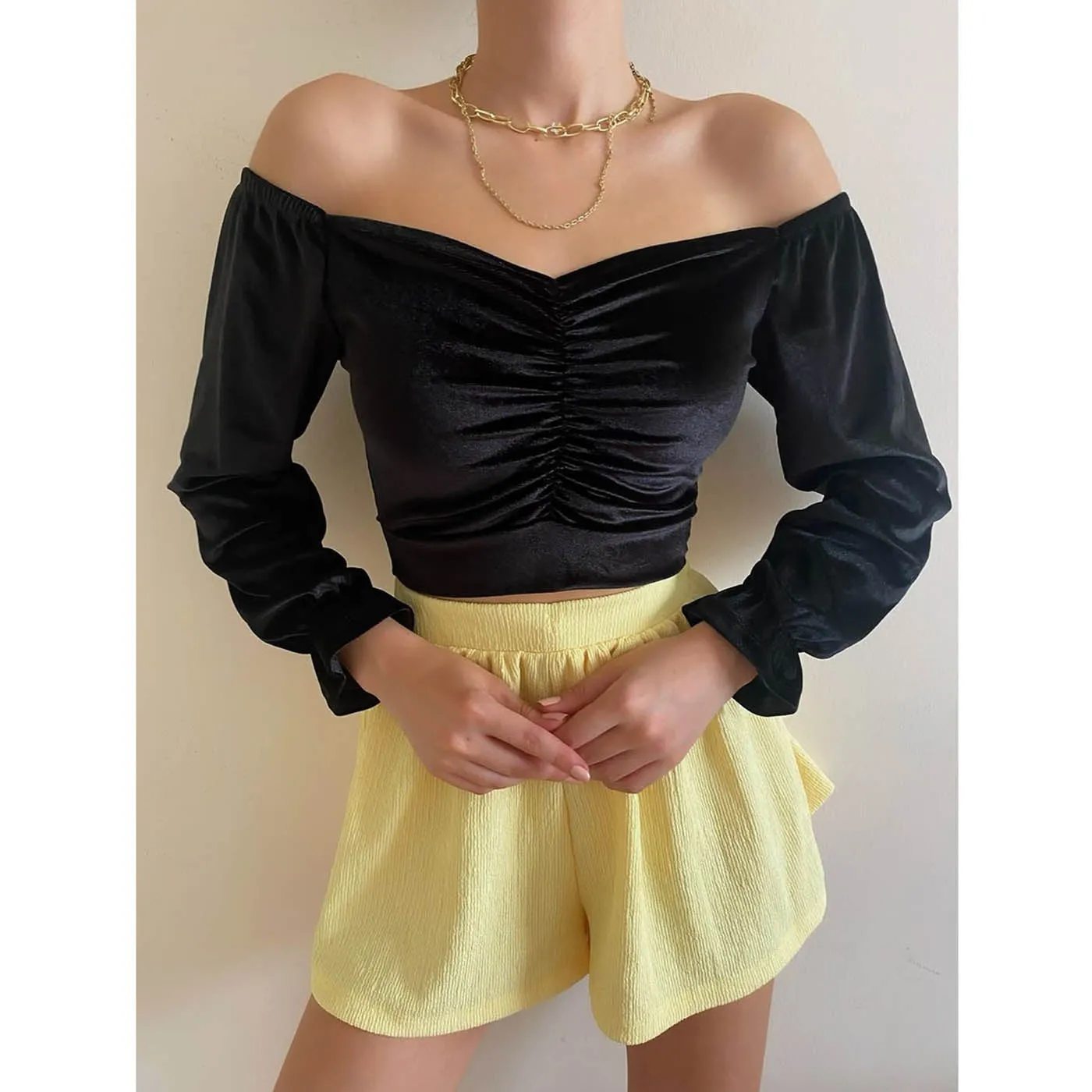 Black Pleated Velvet Blouse