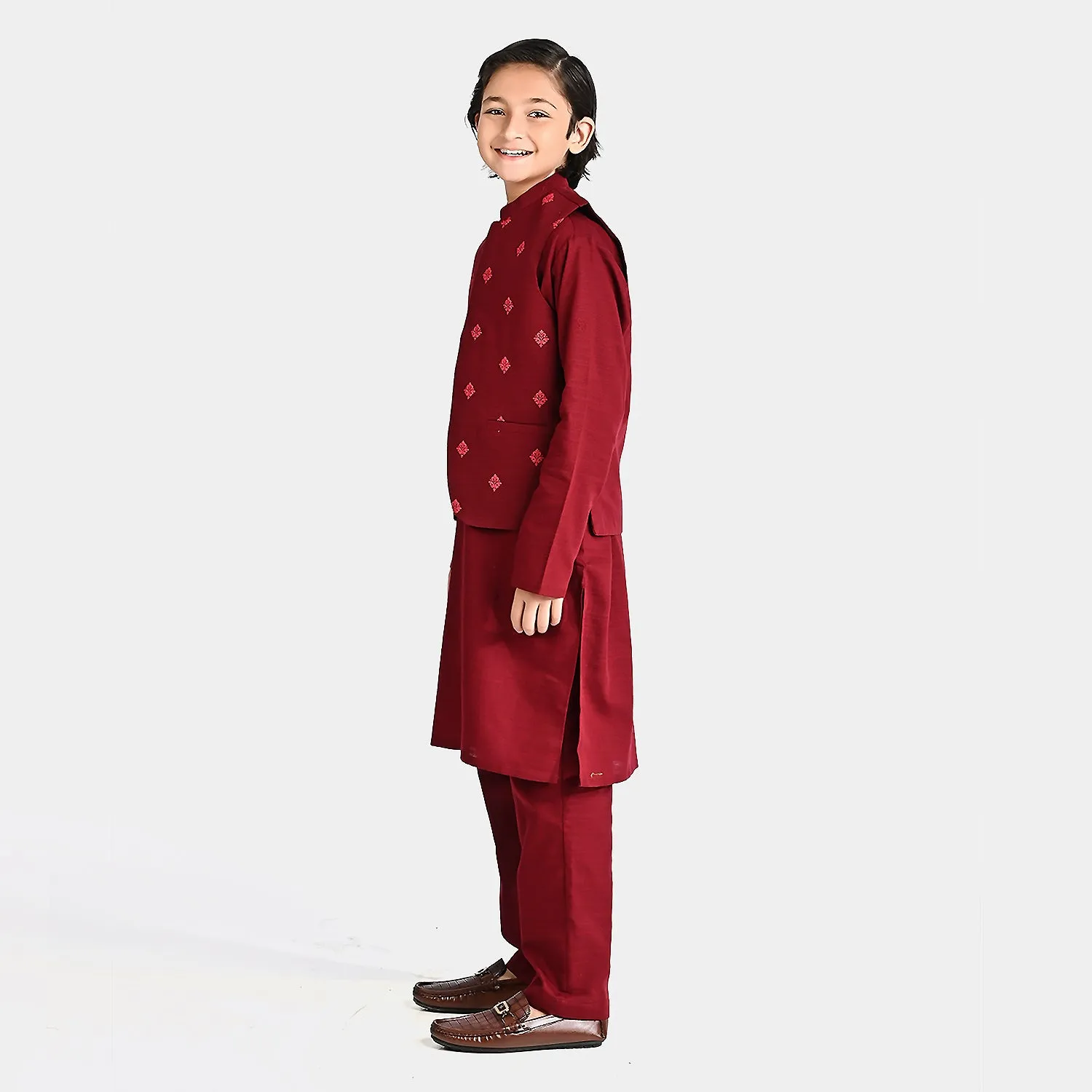 Boys Cotton Slub 3 Piece Suit (Tone On Tone)-MAROON