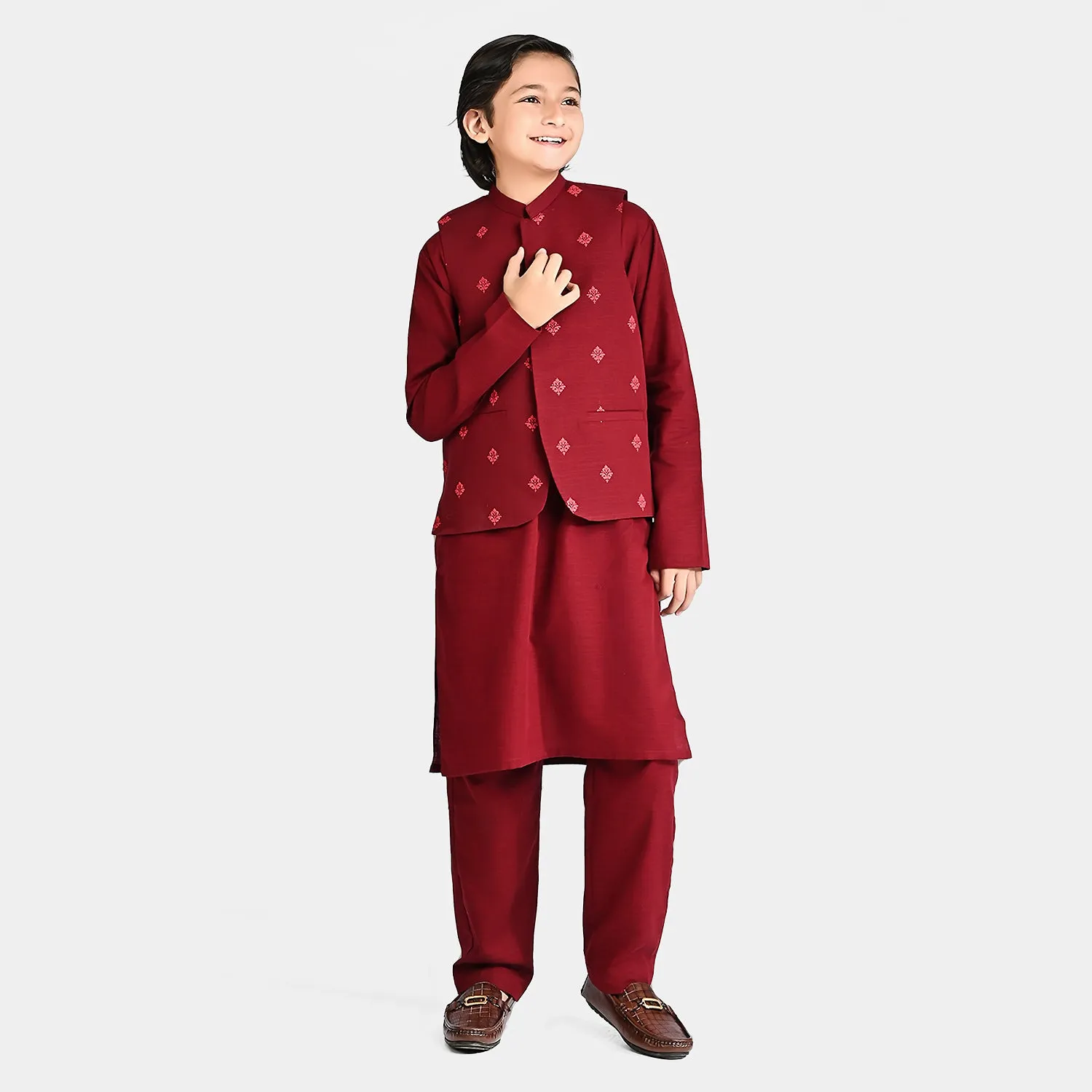 Boys Cotton Slub 3 Piece Suit (Tone On Tone)-MAROON