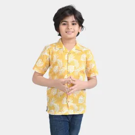 Boys Cotton Slub Casual Shirt H/S (Leaves yellow)-Yellow