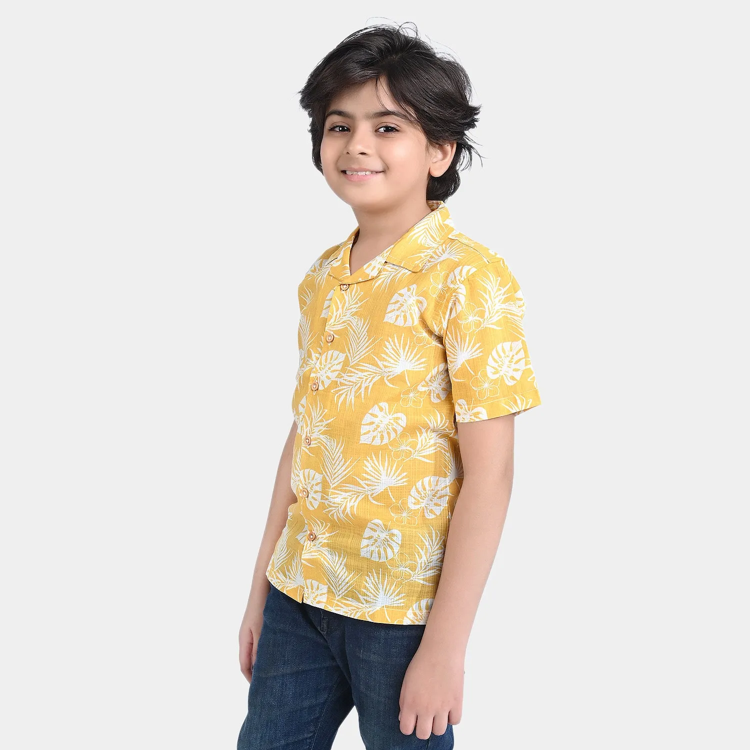 Boys Cotton Slub Casual Shirt H/S (Leaves yellow)-Yellow