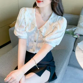 Bubble Sleeve Chiffon Beaded Blouse