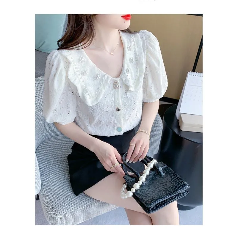 Bubble Sleeve Chiffon Beaded Blouse