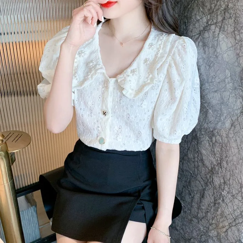 Bubble Sleeve Chiffon Beaded Blouse