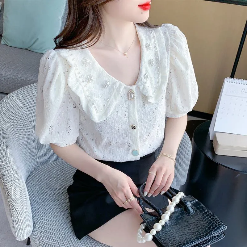 Bubble Sleeve Chiffon Beaded Blouse