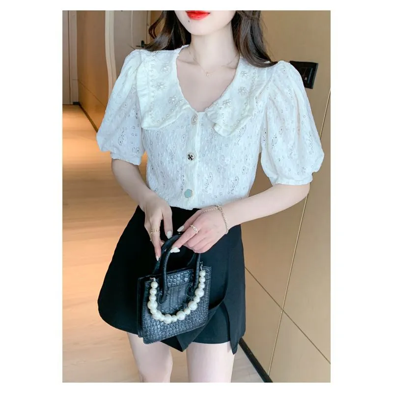 Bubble Sleeve Chiffon Beaded Blouse