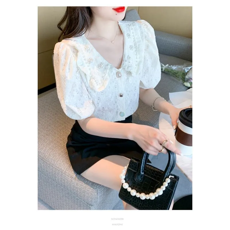 Bubble Sleeve Chiffon Beaded Blouse