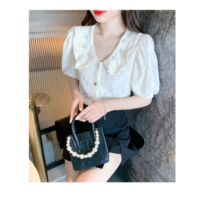 Bubble Sleeve Chiffon Beaded Blouse