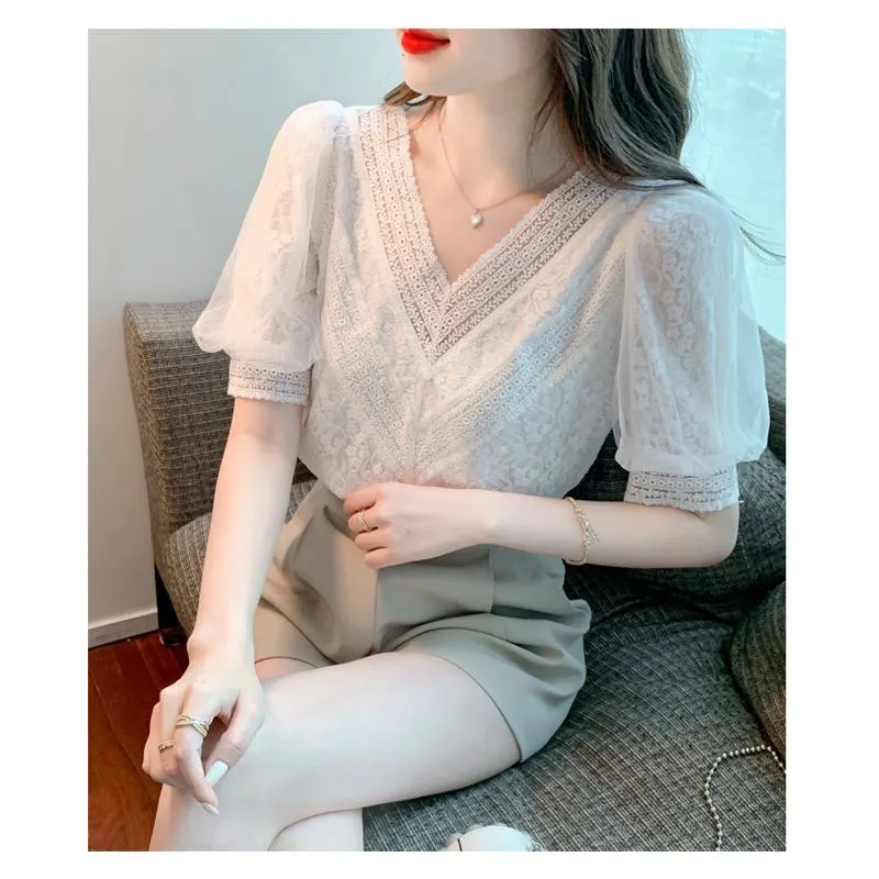 Bubble Sleeve Fairy Lace White V-Neck Blouse