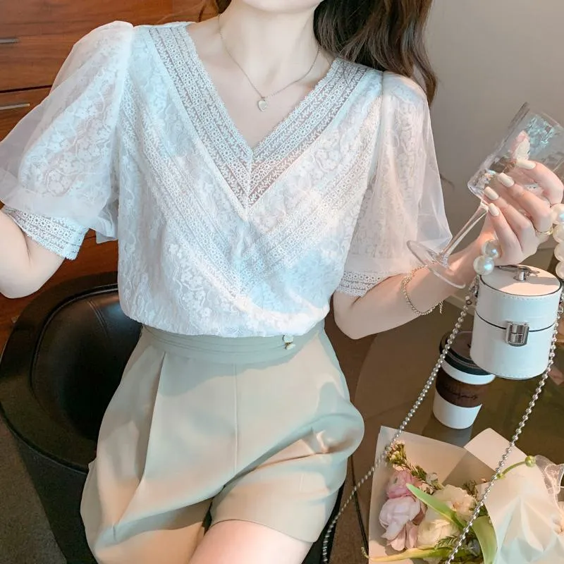 Bubble Sleeve Fairy Lace White V-Neck Blouse