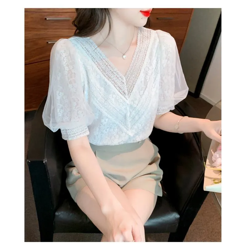 Bubble Sleeve Fairy Lace White V-Neck Blouse