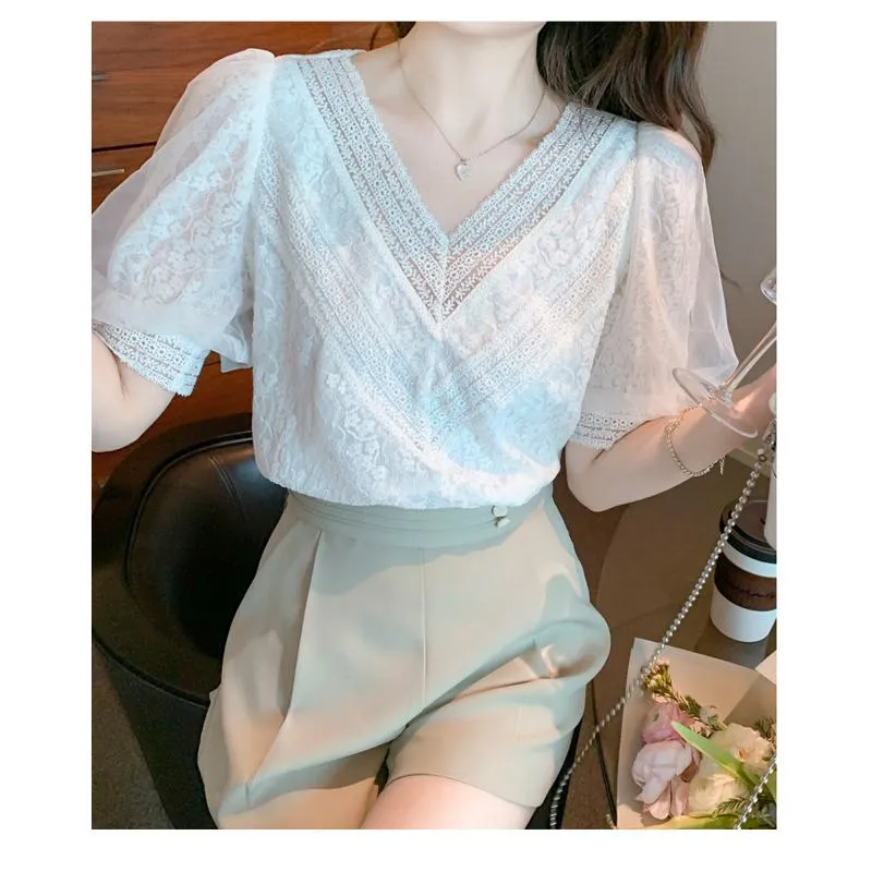 Bubble Sleeve Fairy Lace White V-Neck Blouse