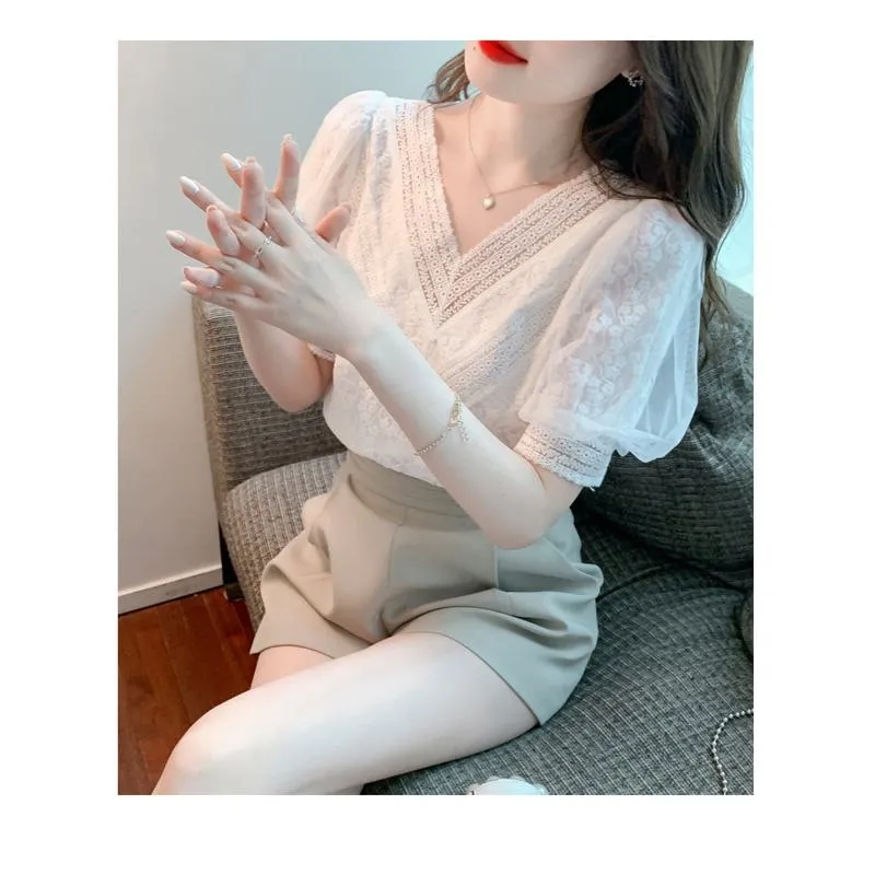 Bubble Sleeve Fairy Lace White V-Neck Blouse