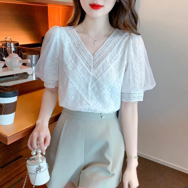 Bubble Sleeve Fairy Lace White V-Neck Blouse