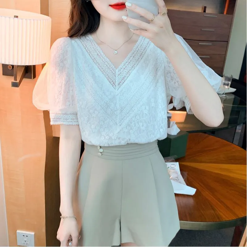 Bubble Sleeve Fairy Lace White V-Neck Blouse