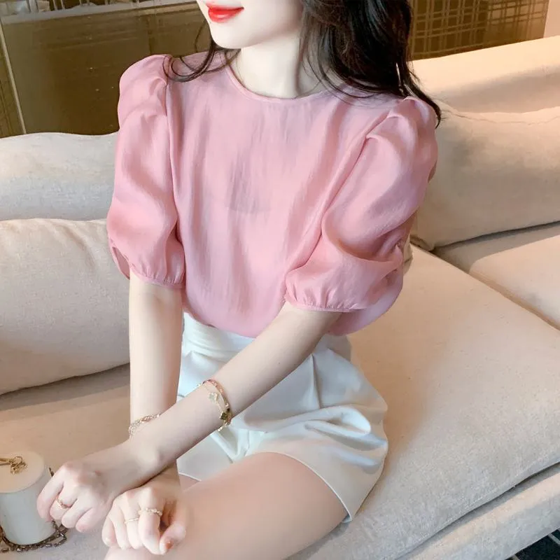 Bubble Sleeve Round Neck Gentle Chiffon Blouse