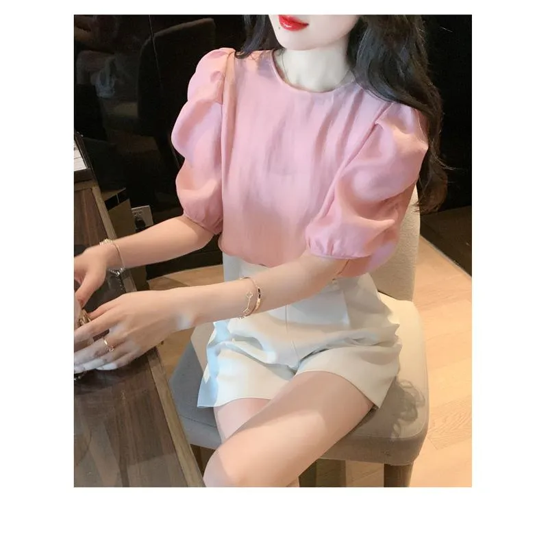 Bubble Sleeve Round Neck Gentle Chiffon Blouse