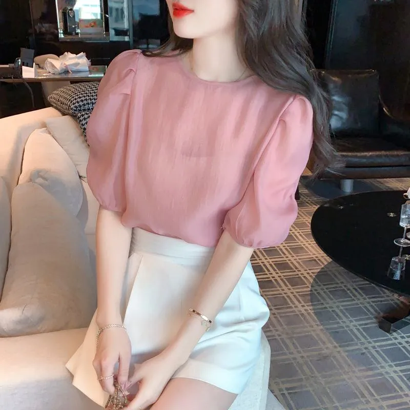 Bubble Sleeve Round Neck Gentle Chiffon Blouse