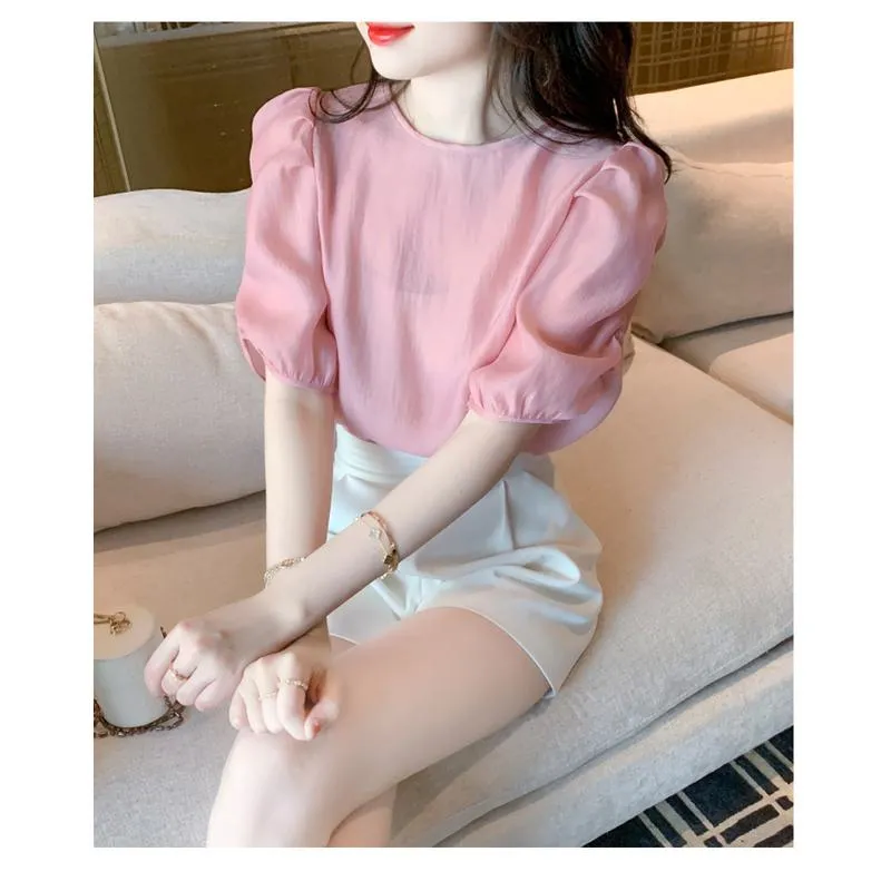 Bubble Sleeve Round Neck Gentle Chiffon Blouse