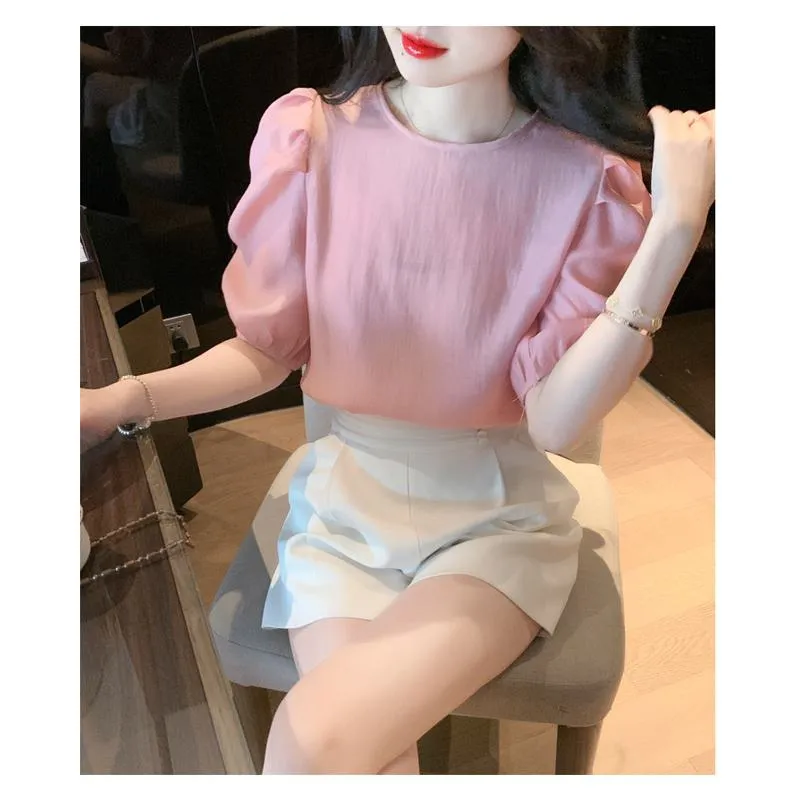 Bubble Sleeve Round Neck Gentle Chiffon Blouse