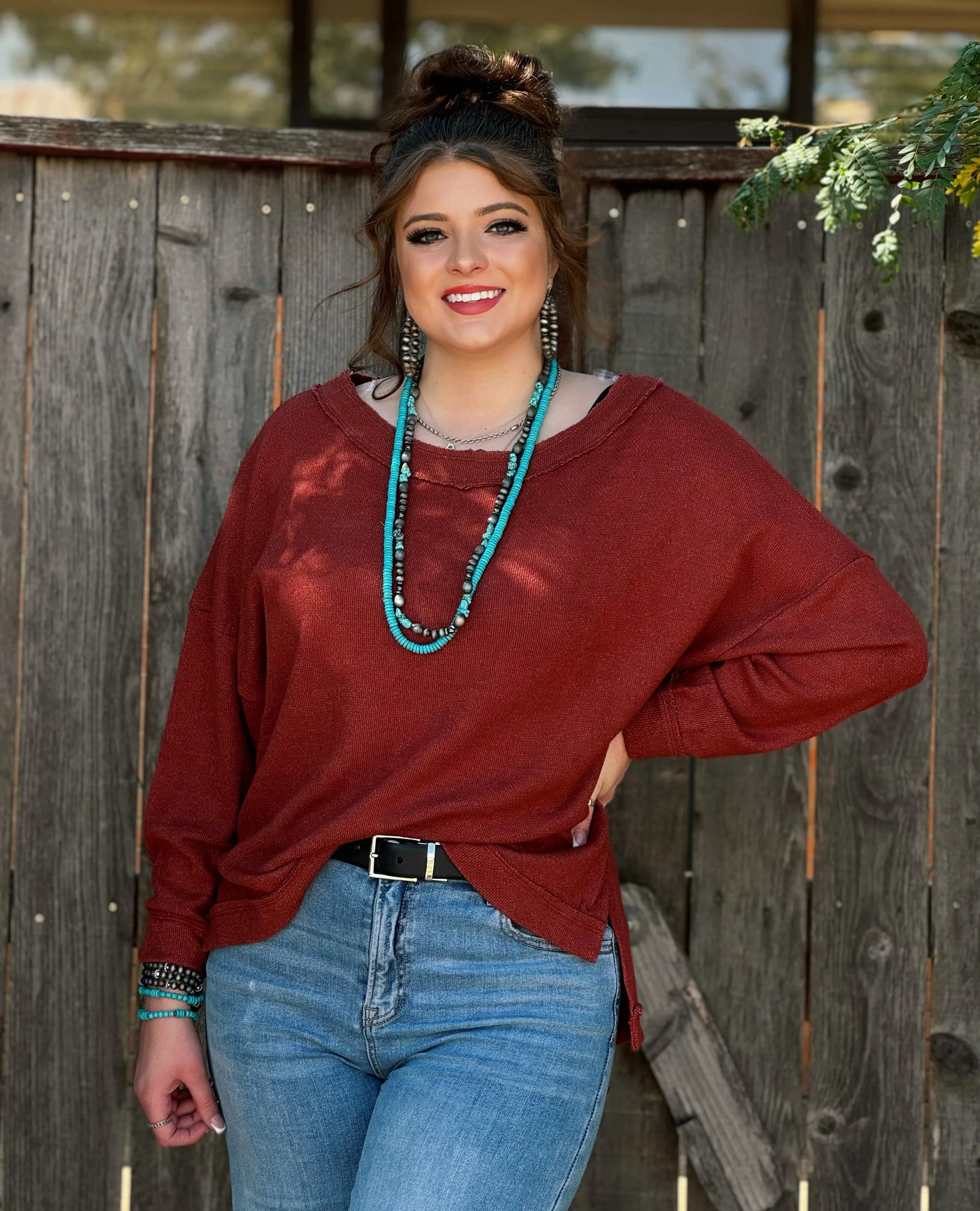 Carla Exposed Hem Rust Pullover