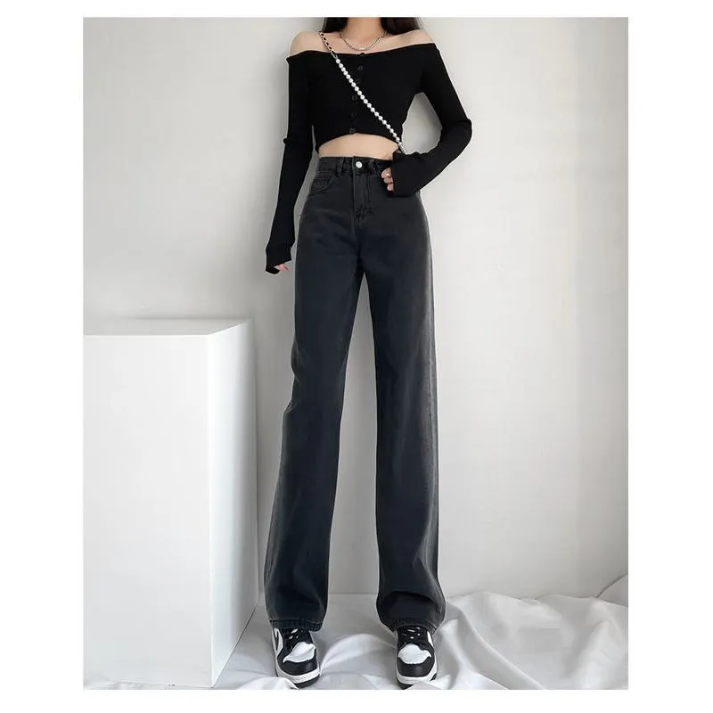 Casual Floor-Length Gradient Color Blocking Loose Fit Straight High-Waisted Wide-Leg Jeans