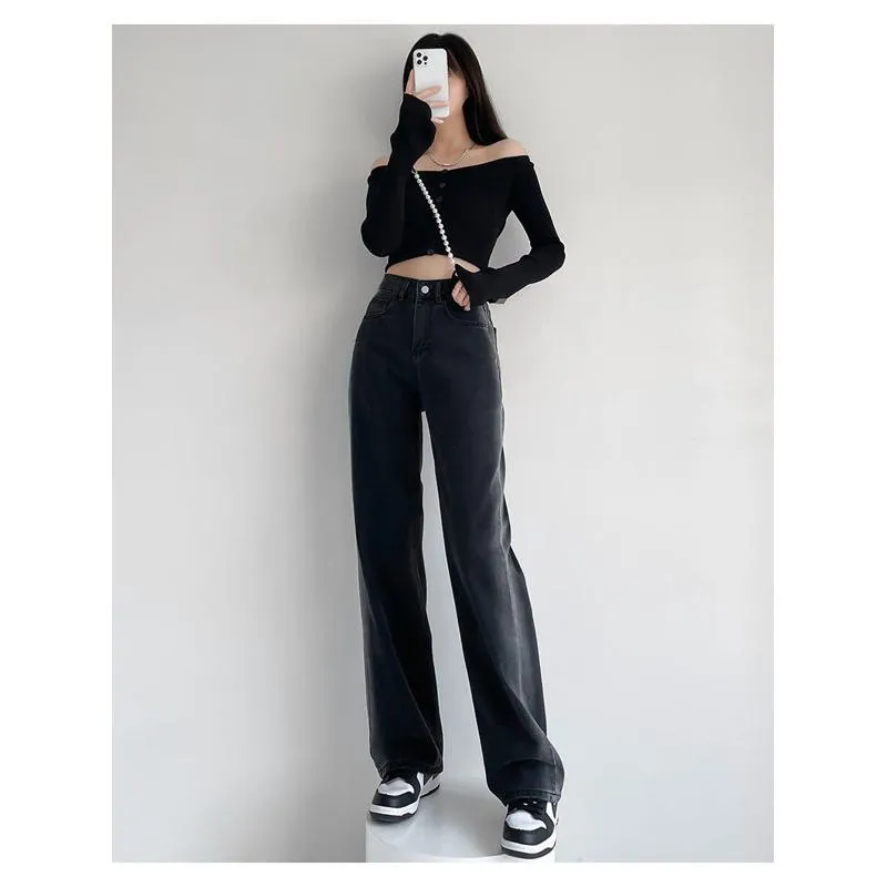 Casual Floor-Length Gradient Color Blocking Loose Fit Straight High-Waisted Wide-Leg Jeans