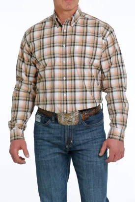 Cinch Mens Plaid Buttoned Down Western L/S Shirt - White/Orange/Khaki - MTW1105533