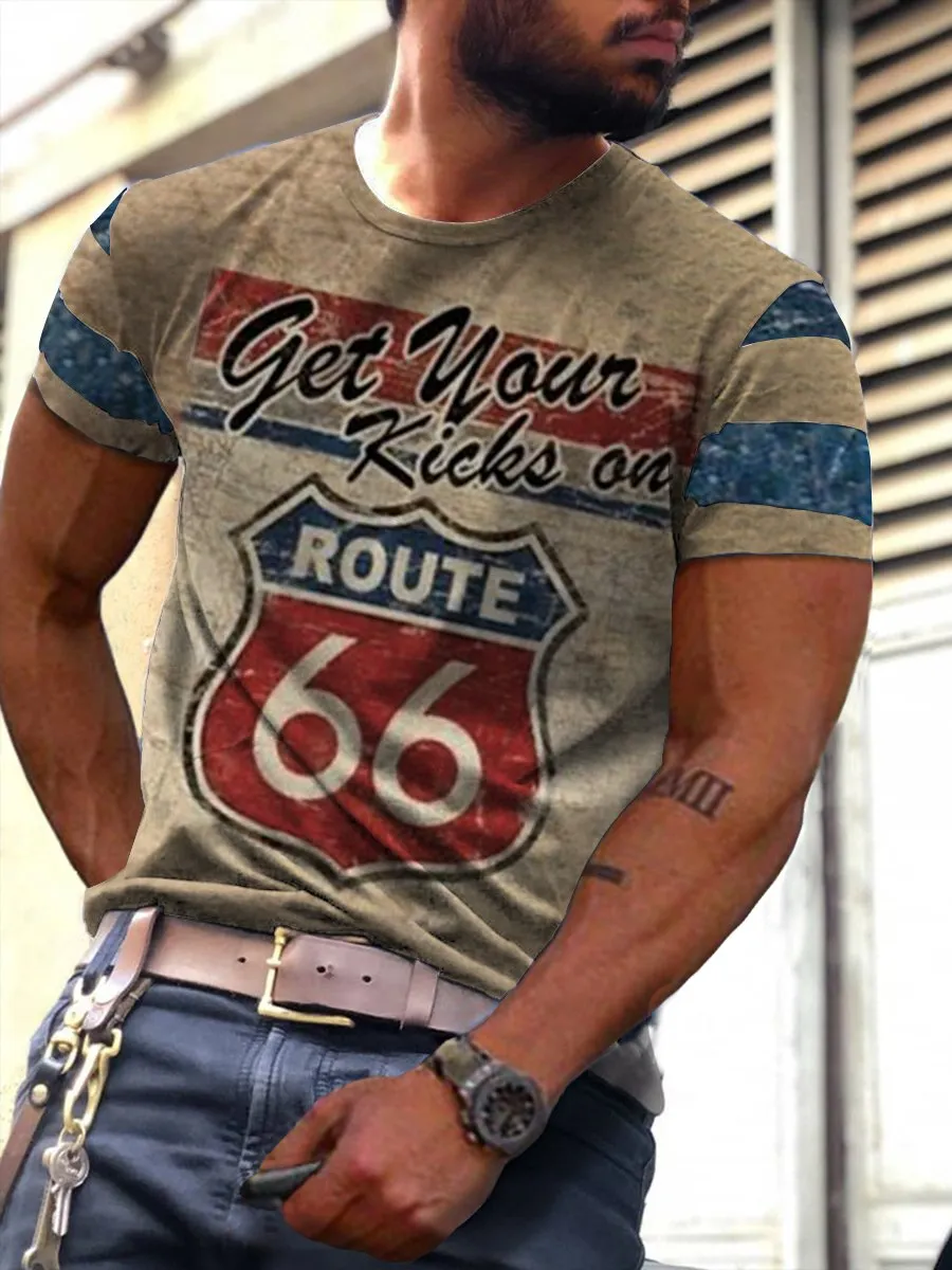 Crew Neck Route 66 Short Sleeve Tops T-Shirts