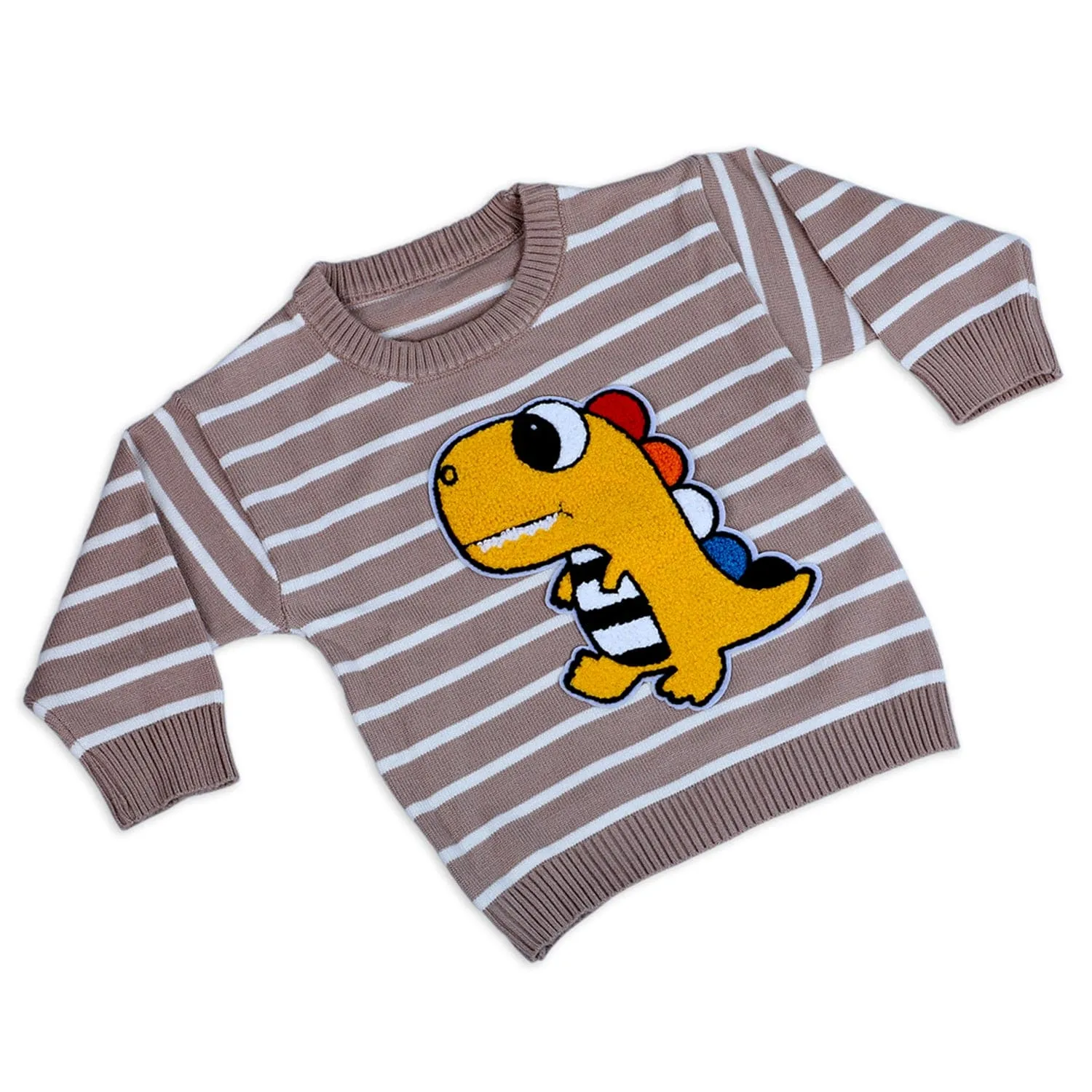 Dashing Dino Striped Premium Full Sleeves Knitted Sweater - Greyish Brown