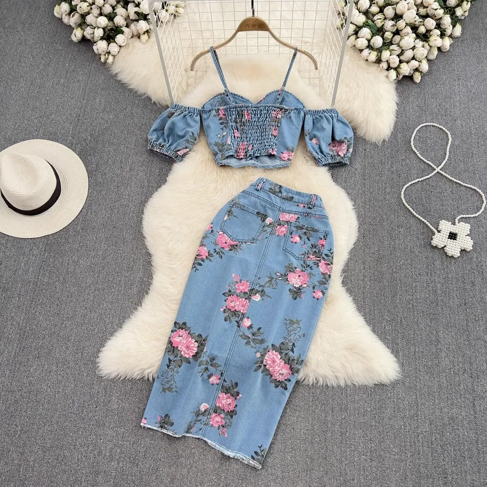 Denim fashion suit for hot girls chic halter top two-piece set     S4034