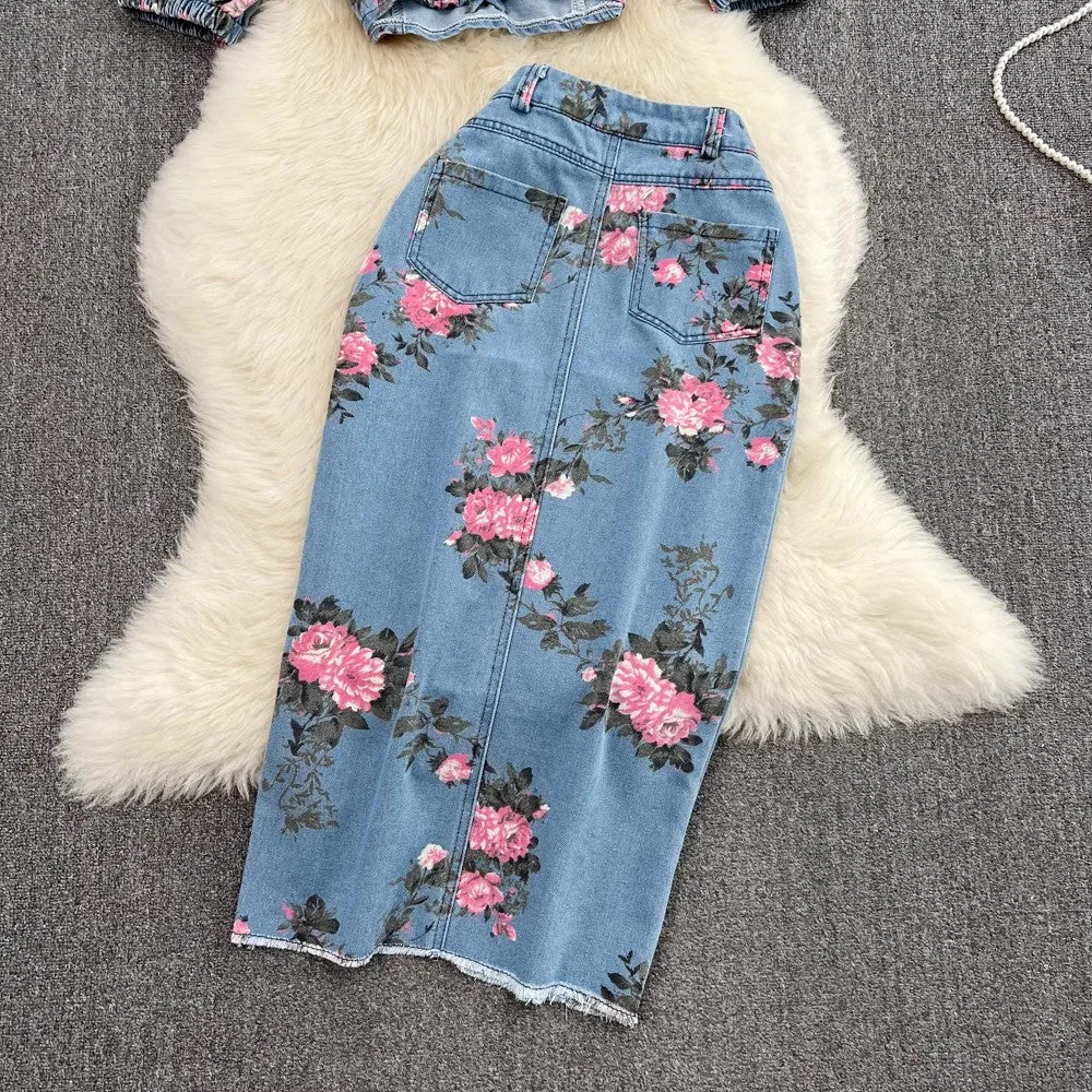 Denim fashion suit for hot girls chic halter top two-piece set     S4034