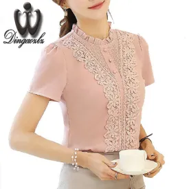 Dingaozlz 2017 Summer lace blouse New Women Clothing lace embroidery Chiffon shirt Short sleeve Female Women Tops 3XL