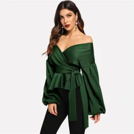 Elegant Office Lantern Sleeve Surplice Peplum Off the Shoulder Solid Blouse