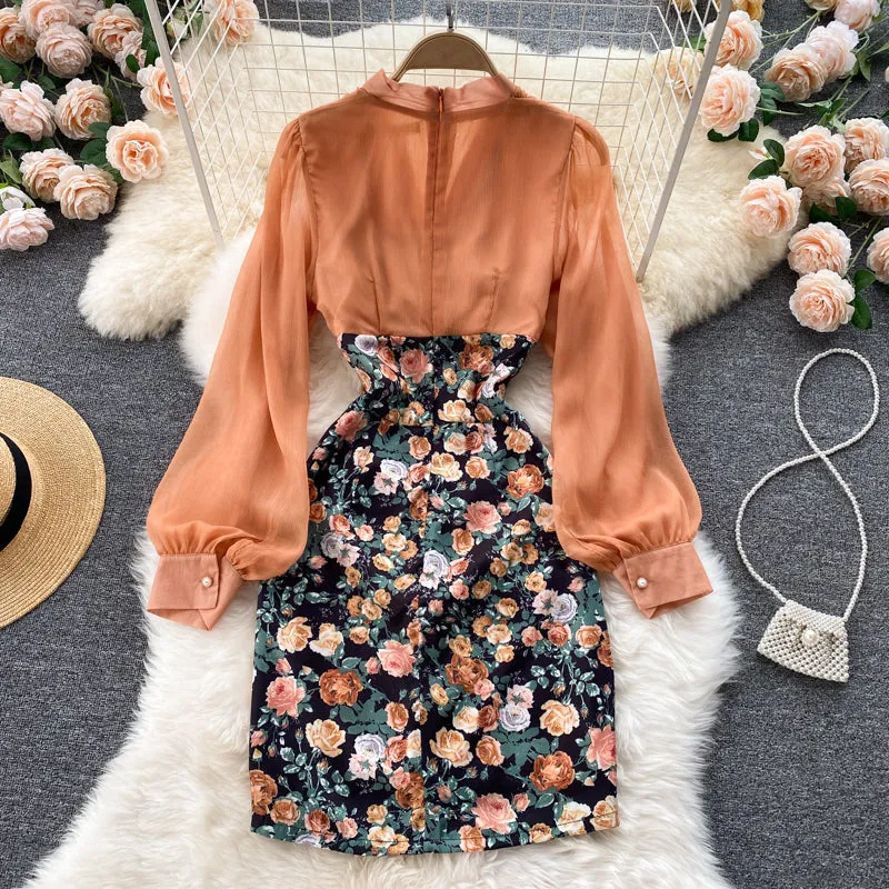 Elegant tulle floral dress long sleeve fashion dress   S18