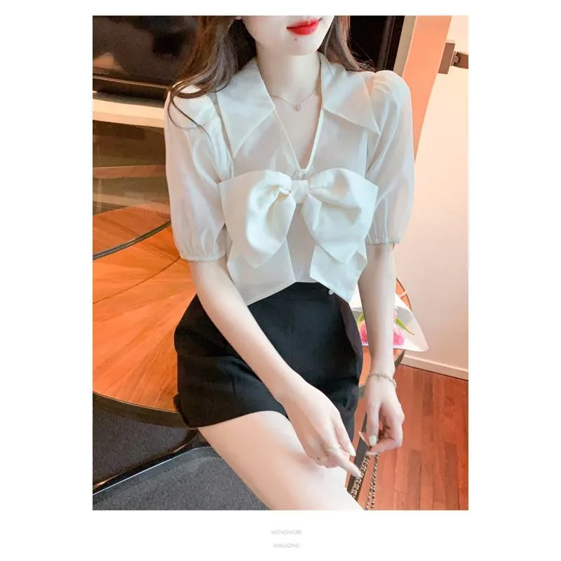 Fairy Bow Tie Bubble Sleeve V-Neck Chiffon Blouse