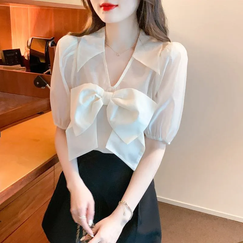 Fairy Bow Tie Bubble Sleeve V-Neck Chiffon Blouse