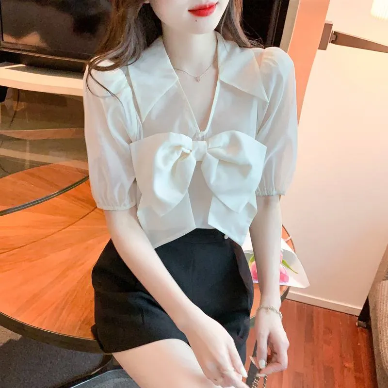 Fairy Bow Tie Bubble Sleeve V-Neck Chiffon Blouse