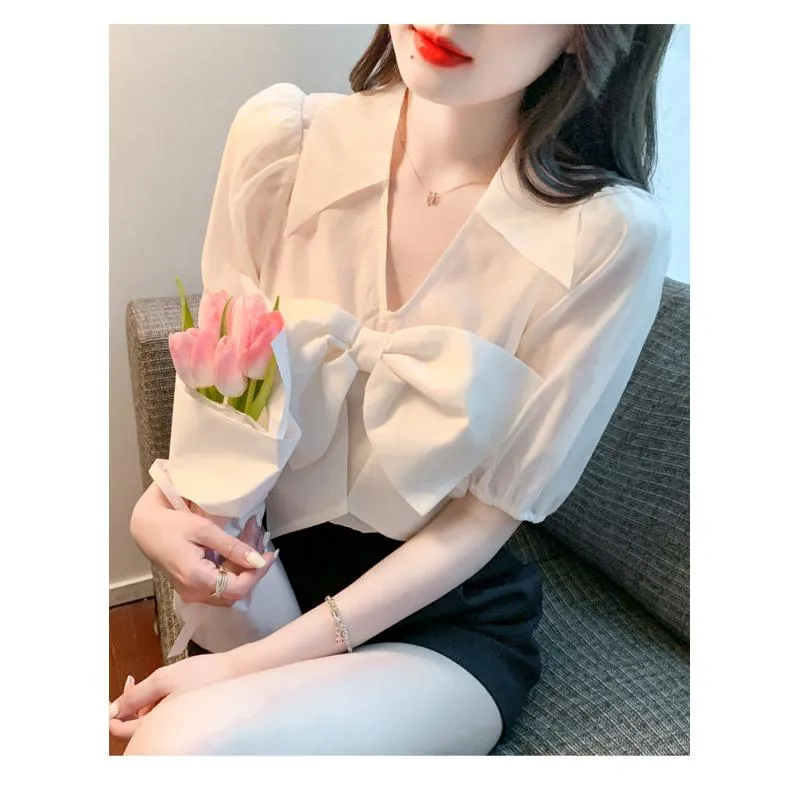 Fairy Bow Tie Bubble Sleeve V-Neck Chiffon Blouse