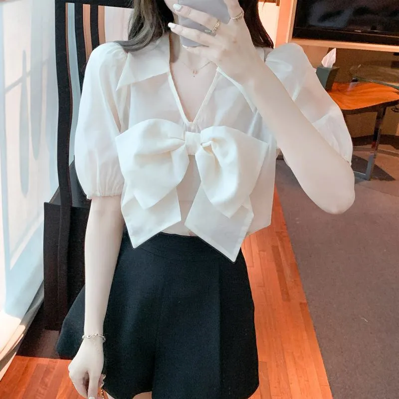 Fairy Bow Tie Bubble Sleeve V-Neck Chiffon Blouse