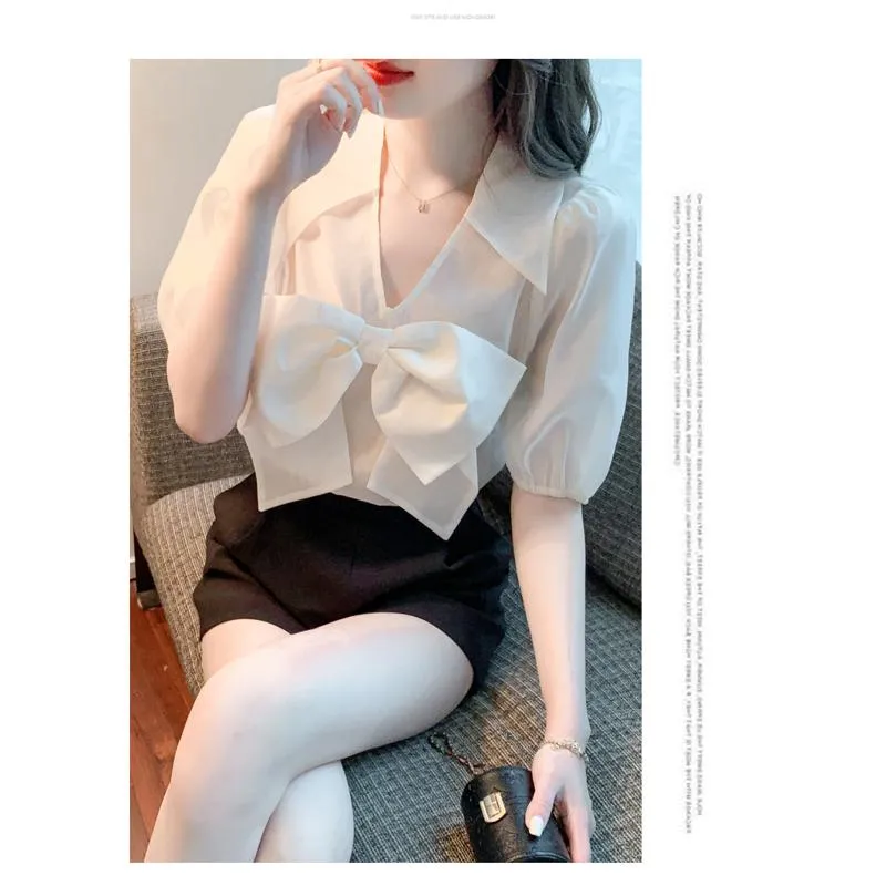 Fairy Bow Tie Bubble Sleeve V-Neck Chiffon Blouse