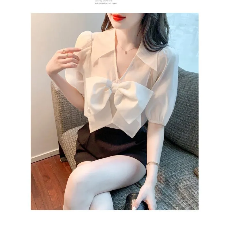 Fairy Bow Tie Bubble Sleeve V-Neck Chiffon Blouse