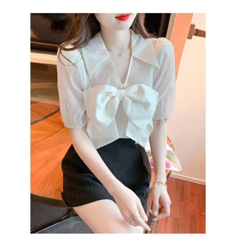 Fairy Bow Tie Bubble Sleeve V-Neck Chiffon Blouse