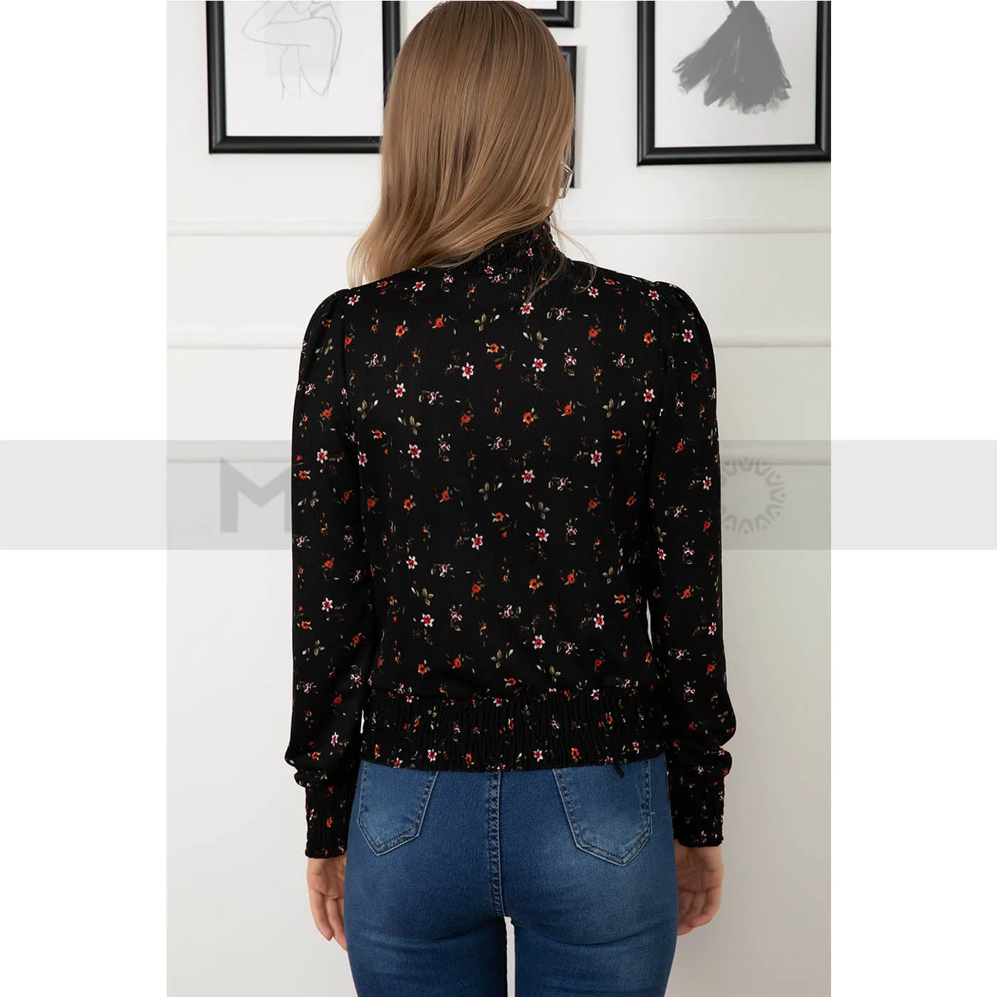 Floral Pattern Waist Elastic Blouse